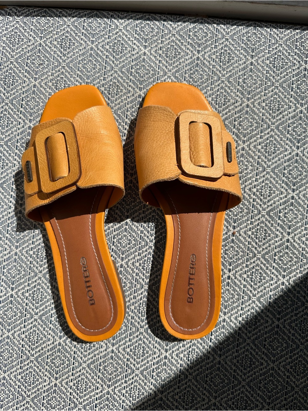 Women's Tan Slide Mules with Decorative Buckle